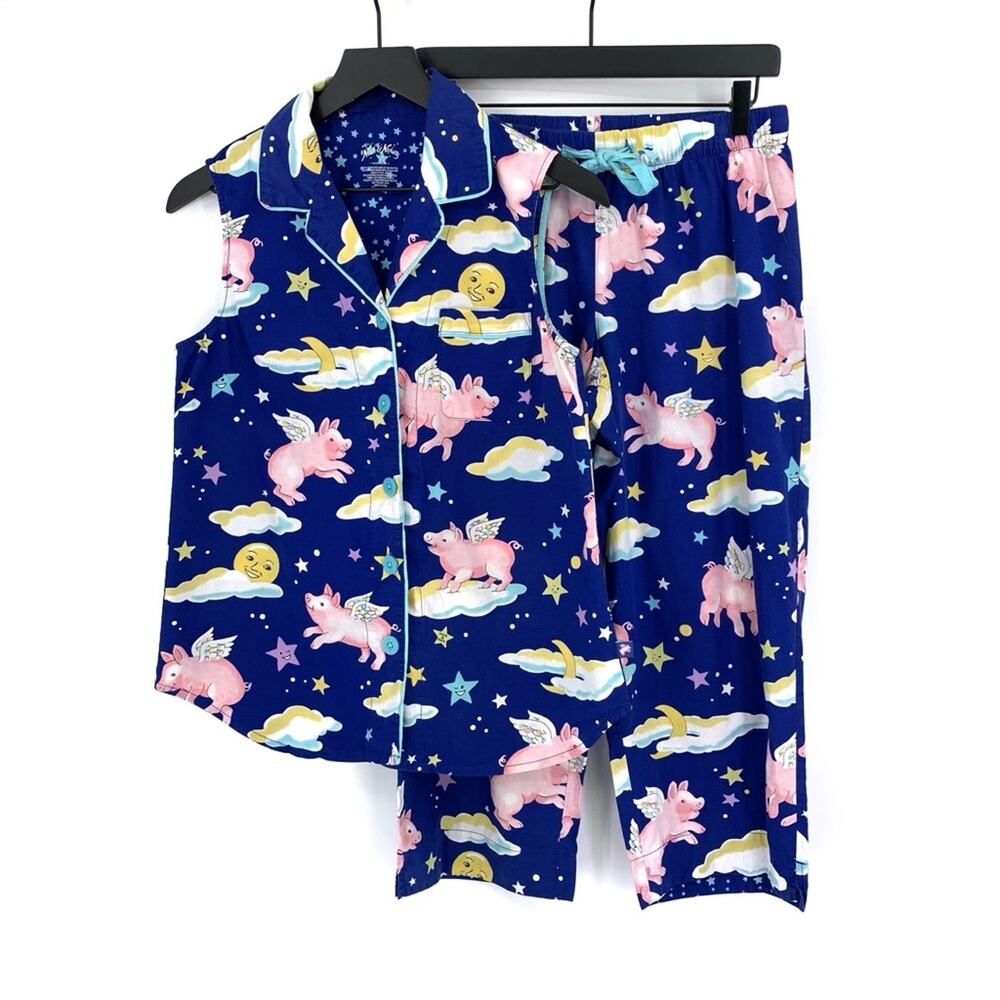NICK & NORA Cotton Pajama Set Royal Blue When Pigs Fly S